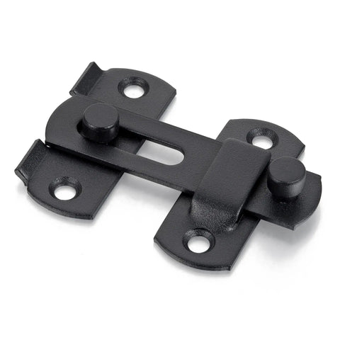 Close-up of a matte black stainless steel barn door latch measuring 2.75 by 2.02 inches, heavy duty for rustic home decor.