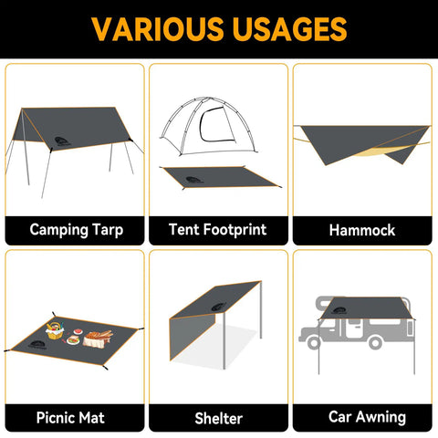 Illustration showing uses of Ultralight Tent Footprint Ground Sheet With PU3000mm Waterproof Coating, Ripstop 190T Tarp