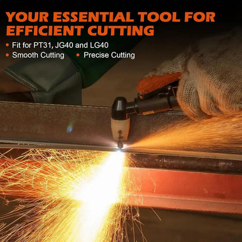Solid 60 Pack Pt31 Plasma Cutter Consumables With Premium Nozzles Electrodes And Tips For Cut 40 Cut 50 Machines cutting metal with sparks.