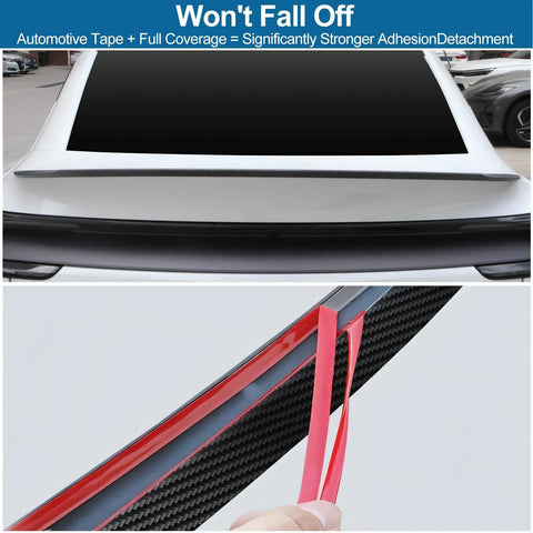 Drop In Badass Aero Upgrade For The Tesla Model Y Juniper Rear Spoiler Trunk Lip Tail Wing showing automotive tape application.