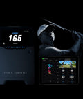 Portable Golf Launch Monitor And Simulator With 5D AI Radar, 4K Camera And OLED Display next to golfer and digital screen