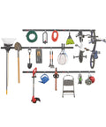 FastTrack 24 Piece Garage Wall Mounted Storage Kit With 6 Rails And 18 Hooks In Black Heavy Duty Steel holding tools