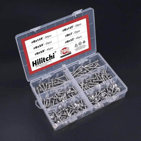 410 Stainless Steel Self Drilling Screws Kit For Metal With Wafer Head Phillips Drive Six Size Assortment, 200 Count in plastic case