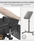 Premium Electric Tattoo Chair Bed With Stool, Heavy Duty Styling Massage Table Lift System showing tattoo armrest designed for artists.