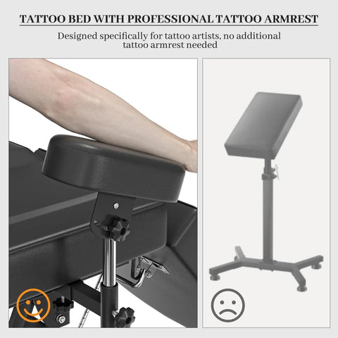 Premium Electric Tattoo Chair Bed With Stool, Heavy Duty Styling Massage Table Lift System showing tattoo armrest designed for artists.