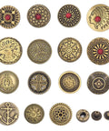 Antique Bronze Snap Button Set For Wallets And Leather Crafts, 15 size variants from 15mm to 20mm, featuring decorative designs.