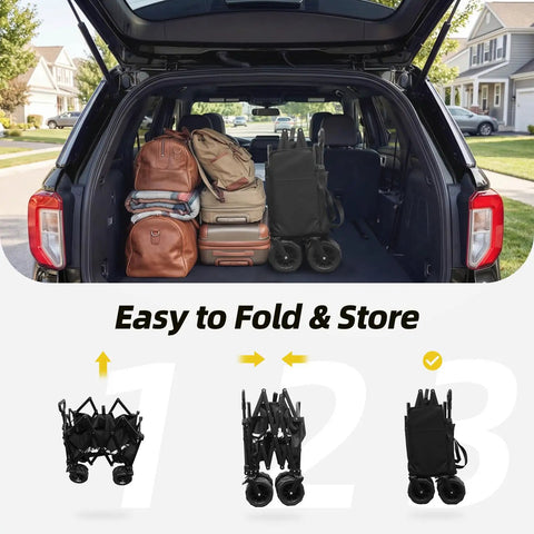 Collapsible Folding Wagon Cart With 400 Lb Capacity All Terrain Utility Cart folded in SUV trunk with bags