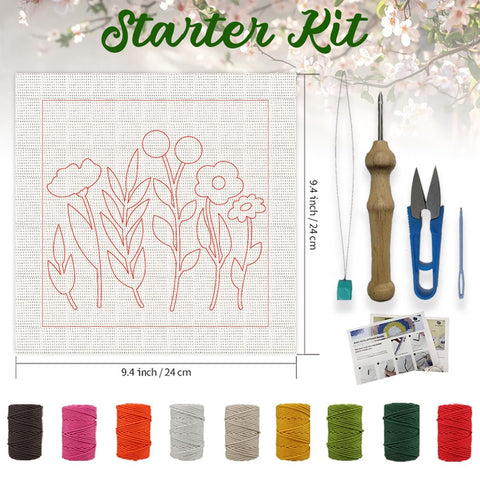 Wildflower Punch Needle Kit Two Pack For Beginners, Embroidery Set with 9.4 inch frame, pre-printed fabric, threads, and tools