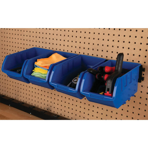 Big Stackable Storage Trays Set Of 4 Blue Adjustable Rails For Vertical Or Horizontal Organization Interlocking Rails Make A Neat Garage Shop And Tool Cabinet Setup hanging on a pegboard with tools and cloths inside.