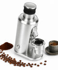 Kickin Up Your Morning Routine 80Mm Flat Burr Coffee Grinder With 550W Variable Speed Motor features silver design, ground coffee, and espresso shot.