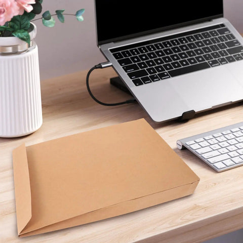 Kraft Mailing Envelopes 10 Pack With Double Sided Adhesive Seal Self Sealing Shipping Bags on desk near laptop, 238x335x40mm