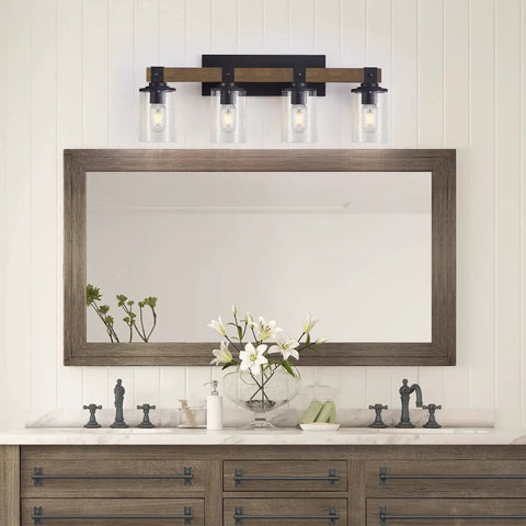 Farmhouse Vanity Light Fixture Four Light With Seeded Glass Shades For Bathroom Hallway And Bedroom, Vintage Sconce Wall Lighting over mirror.