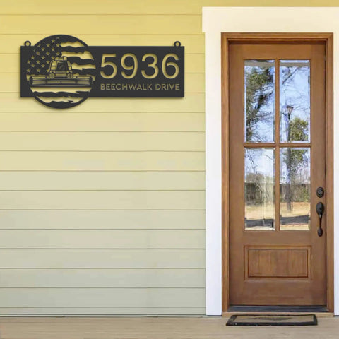 Personalized Farm Themed Metal Address Sign With US Flag Design And LED Lights Outdoor House Number Plaque Waterproof Wall Decor For Home Or Farm 6 Inch mounted beside a wooden door.