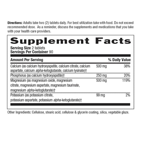Supplement facts label for Calcium Magnesium Potassium Bone And Heart Health Supplement, showing ingredient list and daily values.