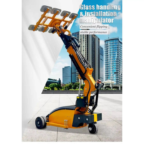 Pro Grade Glass Vacuum Lifter With Wireless Remote Control Delivers No Sweat Heavy Lifting For Window And Curtain Wall Installations, showcasing yellow glass manipulator on a job site.