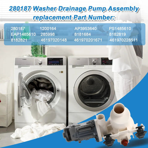 No Fuss Front Load Washer Drain Pump Filter Assembly Replacing Part 280187 And 8181684 shown with modern washing machines.
