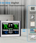 Wireless Indoor Outdoor Weather Station With Color Display Digital Temperature And Humidity Monitor Alarm Clock USB Port Adjustable Backlight 6.1 Inch Screen Easy To Read Interface Black And Silver placed on a marble countertop