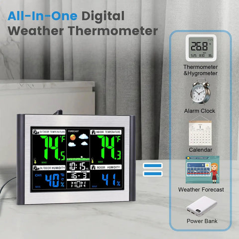 Wireless Indoor Outdoor Weather Station With Color Display Digital Temperature And Humidity Monitor Alarm Clock USB Port Adjustable Backlight 6.1 Inch Screen Easy To Read Interface Black And Silver placed on a marble countertop