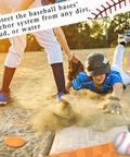 Player sliding into base on dirt field with 8 Pack Rubber Baseball Base Plugs For Field Ground Receptacles Orange in background