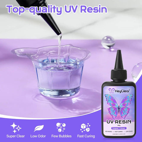 UV Resin Kit With Light 200g Crystal Clear Epoxy pouring into mold for jewelry making and DIY decor projects.