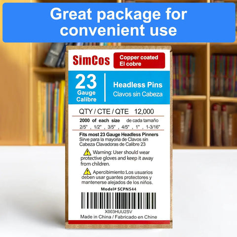 Box of headless 23 gauge pin nails kit with 12000 pieces in six sizes for molding cabinetry and woodworking projects.