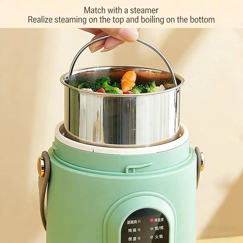 Compact 500W Mini Electric Pot With Portable Stainless Steel Ramen Cooker 6-In-1 Functions And 12-Hour Timer in use, steaming vegetables