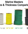 Size comparison of different bungee cords, including 1/4 Inch Black Bungee Cord, 500 Feet, Marine Grade Polyester Heavy Duty.