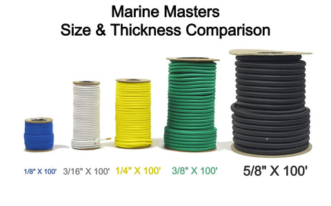 Size comparison of different bungee cords, including 1/4 Inch Black Bungee Cord, 500 Feet, Marine Grade Polyester Heavy Duty.