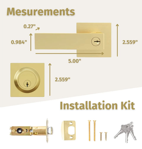 Entry Door Handle Lever And Deadbolt Combo Set With Heavy Duty Locking Levers Single Cylinder Deadbolt For Left Or Right Handed Doors Satin Brass Finish Built Tough For Home Security And Easy Installation with installation kit and measurements detail.
