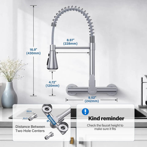 Hurran Wall Mount Kitchen Faucet, Commercial Utility Sink Faucet with flexible spout and dimensions for installation guidelines.