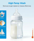 High-Temp Wash diagram showing teether, baby food bowl, and bottle nipple with effectiveness against tough messes.