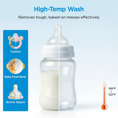 High-Temp Wash diagram showing teether, baby food bowl, and bottle nipple with effectiveness against tough messes.