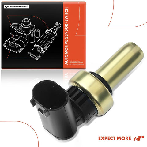 A-Premium coolant temperature sensor with brass body and black connector, shown beside orange-and-black packaging box.