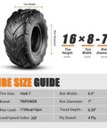 16x8-7 ATV Quad Tires All Terrain Off Road Tubeless 4 Ply Set Of 2 with durable 6mm deep lug pattern for mud, grass, snow traction