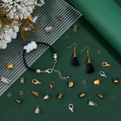 All-in-One Leather End Caps Kit for Jewelry Making, Kumihimo Bead Caps displayed with bracelet and earrings