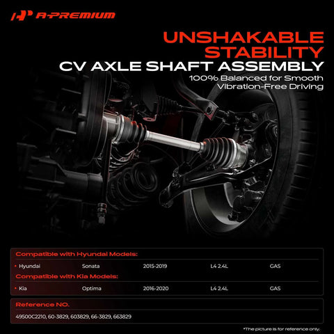 CV Axle Shaft Assembly Front Left Driver Side For Hyundai Sonata 2015 To 2019 And Kia Optima 2016 To 2020 2.4L Gas L4 ABS Ring Included Replace 60 3829 49500C2210 installed on vehicle