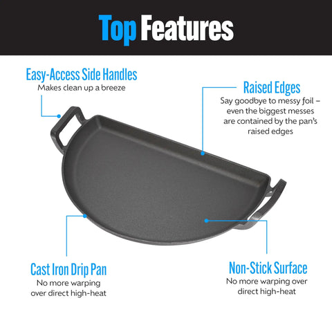 Slow N Sear Cast Iron Drip N Griddle Pan 22 Inch 3 In 1 Grill Accessory with handles and raised edges, fits Weber 22-inch grills