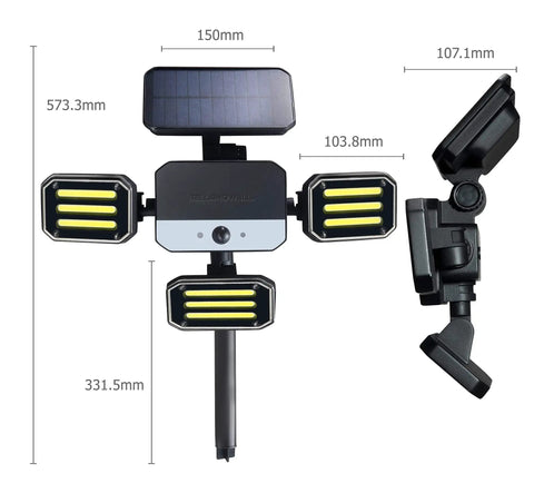 Solar Outdoor Garden Lights With Motion Sensor And 180 Degree Swivel Panels, 108 COB LEDs, Waterproof Outdoor Lights dimensions