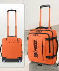 Underseat Carry On Luggage With Handle 17 Inch Travel Duffle Bag For Men And Women Orange Lightweight Durable Airplane Bag Big Capacity With Rugged Zippers, shown upright with handle extended.