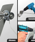 Nibbler Metal Cutter Drill Attachment For Electric Drills cutting sheet metal in three configurations, showcasing efficiency and convenience.