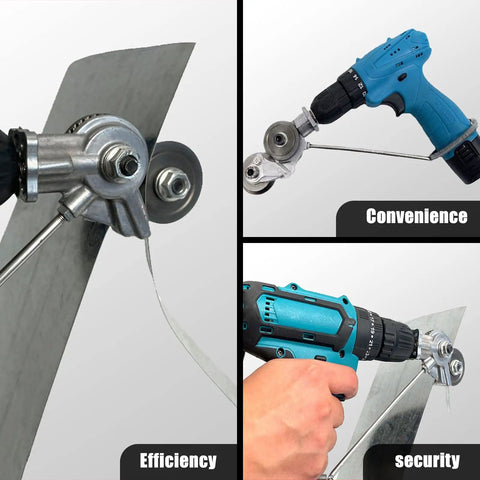 Nibbler Metal Cutter Drill Attachment For Electric Drills cutting sheet metal in three configurations, showcasing efficiency and convenience.