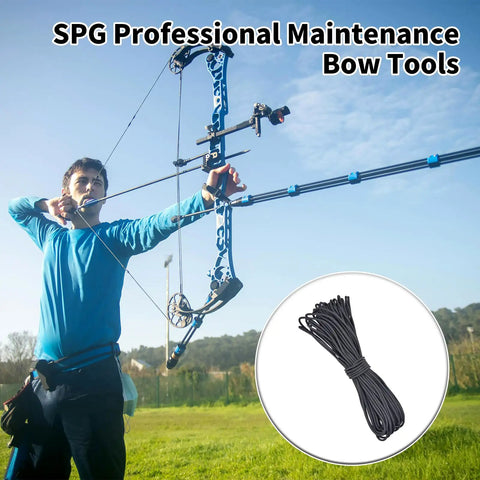 Archer using compound bow with SPG Professional Maintenance Bow Tools, inset of 59Ft D Loop String For Compound Bow Beefy Durable Tear Resistant Archery D Loop Material With 18m Length Includes Bow String Wax And Maintenance Tools Great For 200LB Bow Release And Easy Bowstring Setup.