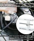 Amazon-branded brake booster adjustment tool with magnet; metal tool installed on booster; inset shows Master Cylinder label.