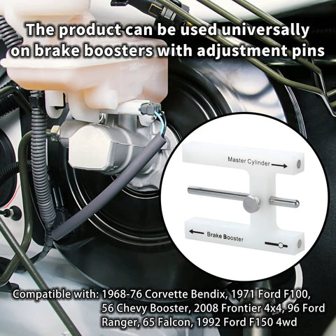 Amazon-branded brake booster adjustment tool with magnet; metal tool installed on booster; inset shows Master Cylinder label.