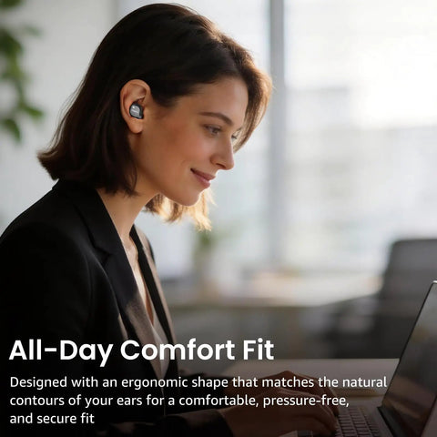 Woman wearing Hybrid Active Noise Cancelling Wireless Earbuds With Six Microphones ENC For Crystal Clear Calls IPX8 Waterproof