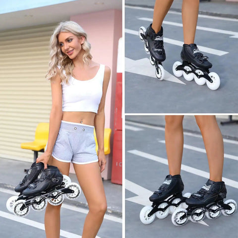 Person holding and wearing Carbon Fiber Inline Skates 4x100mm For Men And Women With ABEC 9 Bearings And 100mm PU Wheels