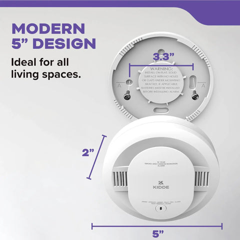 Two In One Smoke And Carbon Monoxide Detector Bundle With Ten Year Battery, Model 30CUD10, Two Pack, Faster Smoke Detection, Red LED Alert For Home Safety. White round detector rear and front view, 5-inch modern design.