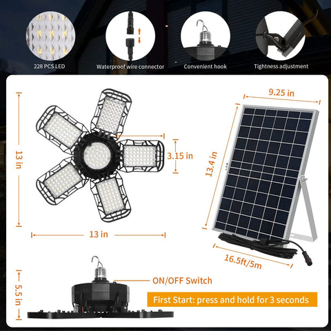 Beast Mode Bright Solar Pendant Light With Remote And Large Solar Panel 228 LEDs dimensions and features shown