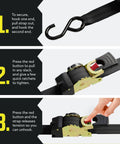 Auto Retractable Ratchet Straps 2 Pack 1 Inch By 10 Feet Beefy Heavy Duty Tie Down Straps with instructions for securing cargo.
