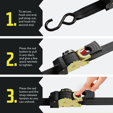 Auto Retractable Ratchet Straps 2 Pack 1 Inch By 10 Feet Beefy Heavy Duty Tie Down Straps with instructions for securing cargo.